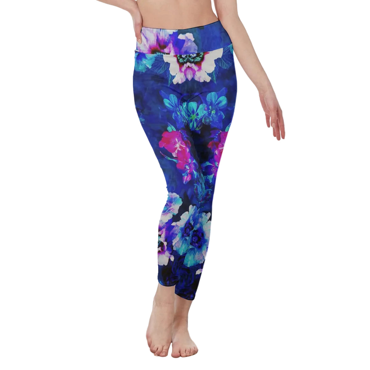 LuckeLadybug floral leggings high waist design in vibrant blue and purple colors
