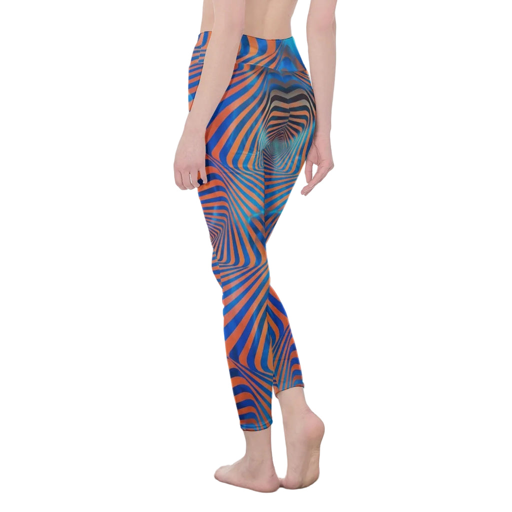Colorful women's leggings featuring a unique blue and orange geometric design from LuckeLadybug