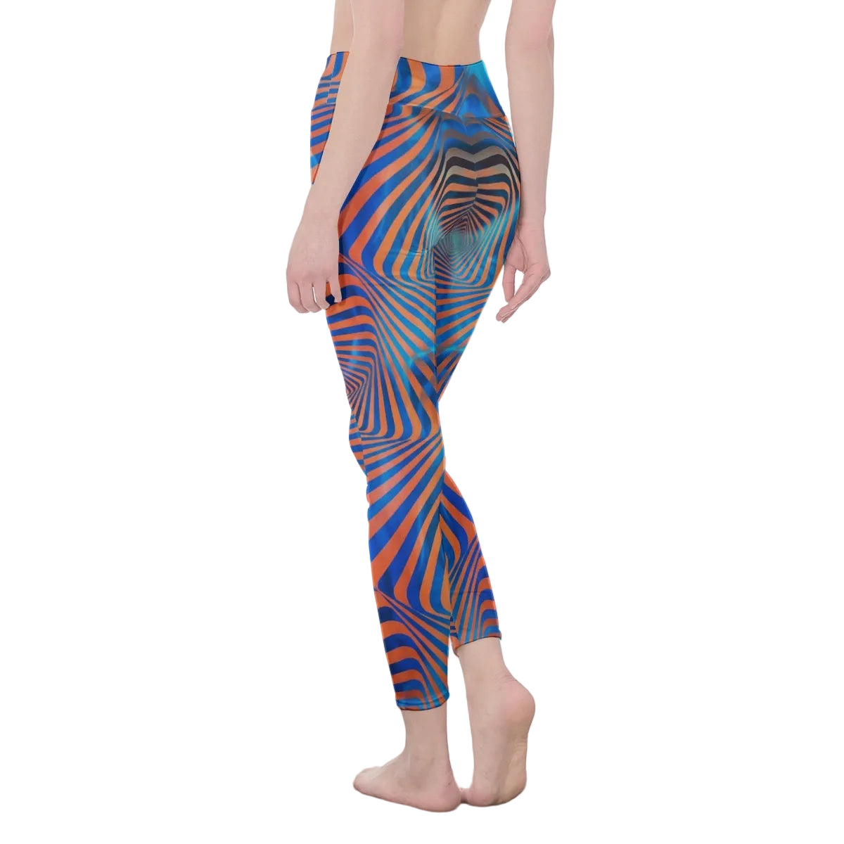 Colorful women's leggings featuring a unique blue and orange geometric design from LuckeLadybug