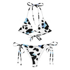 LuckeLadybug leopard print bikini in white and black with blue accents and adjustable ties