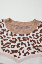 Leopard print color block sweater with soft fabric and cozy crewneck design