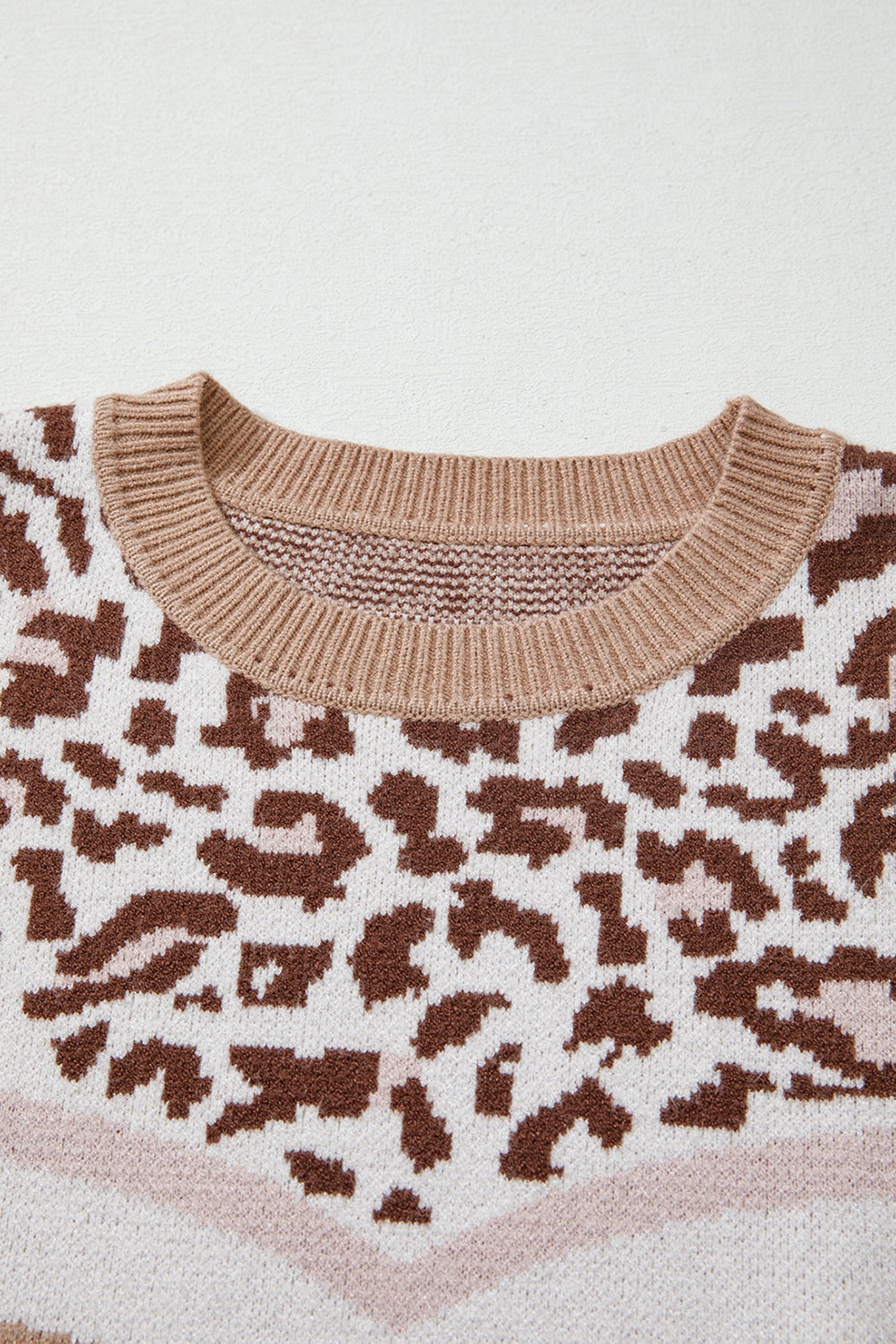 Leopard print color block sweater with soft fabric and cozy crewneck design