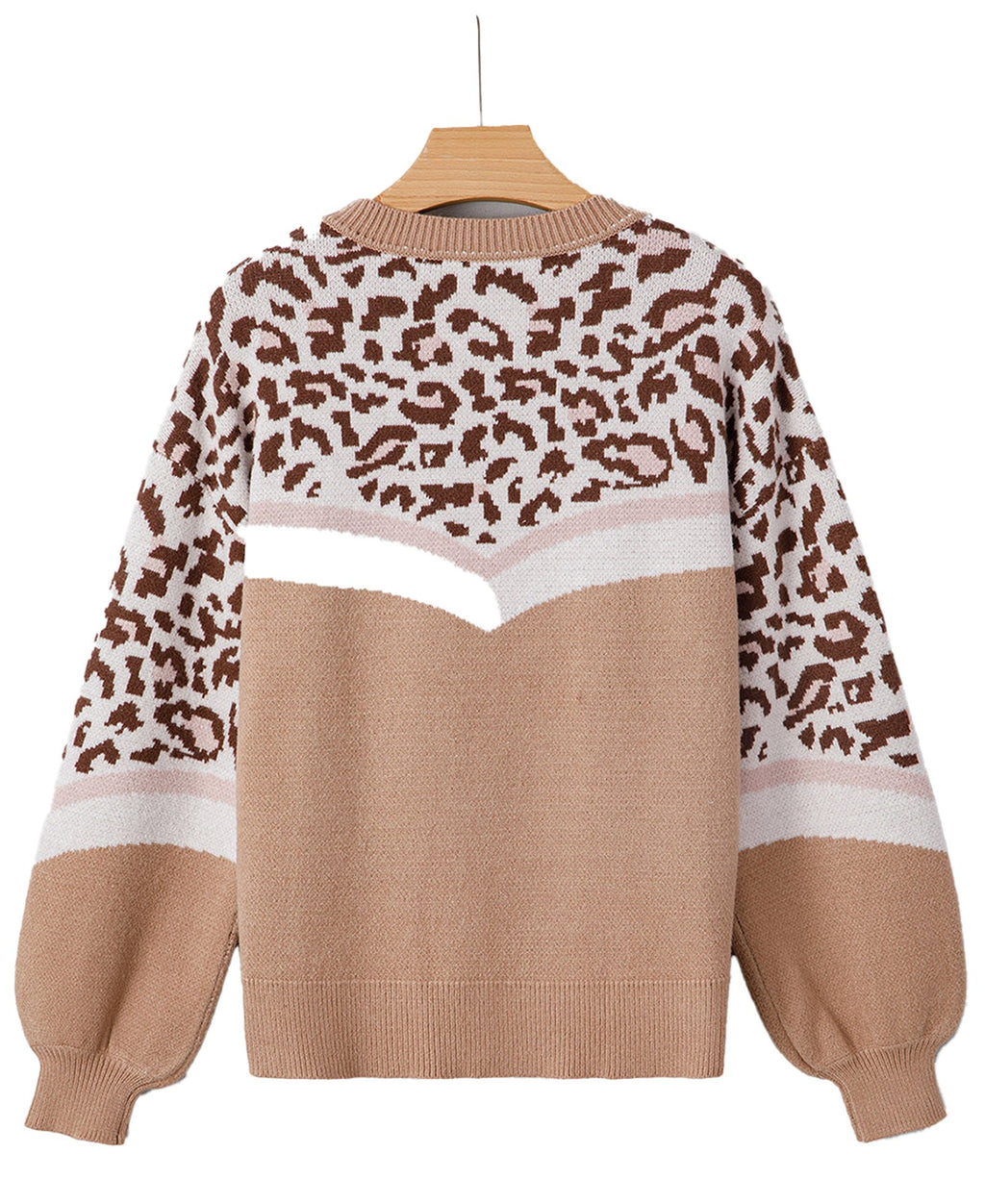 Leopard print color block sweater in beige and brown featuring balloon sleeves and textured design