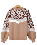Leopard print color block sweater in beige and brown featuring balloon sleeves and textured design