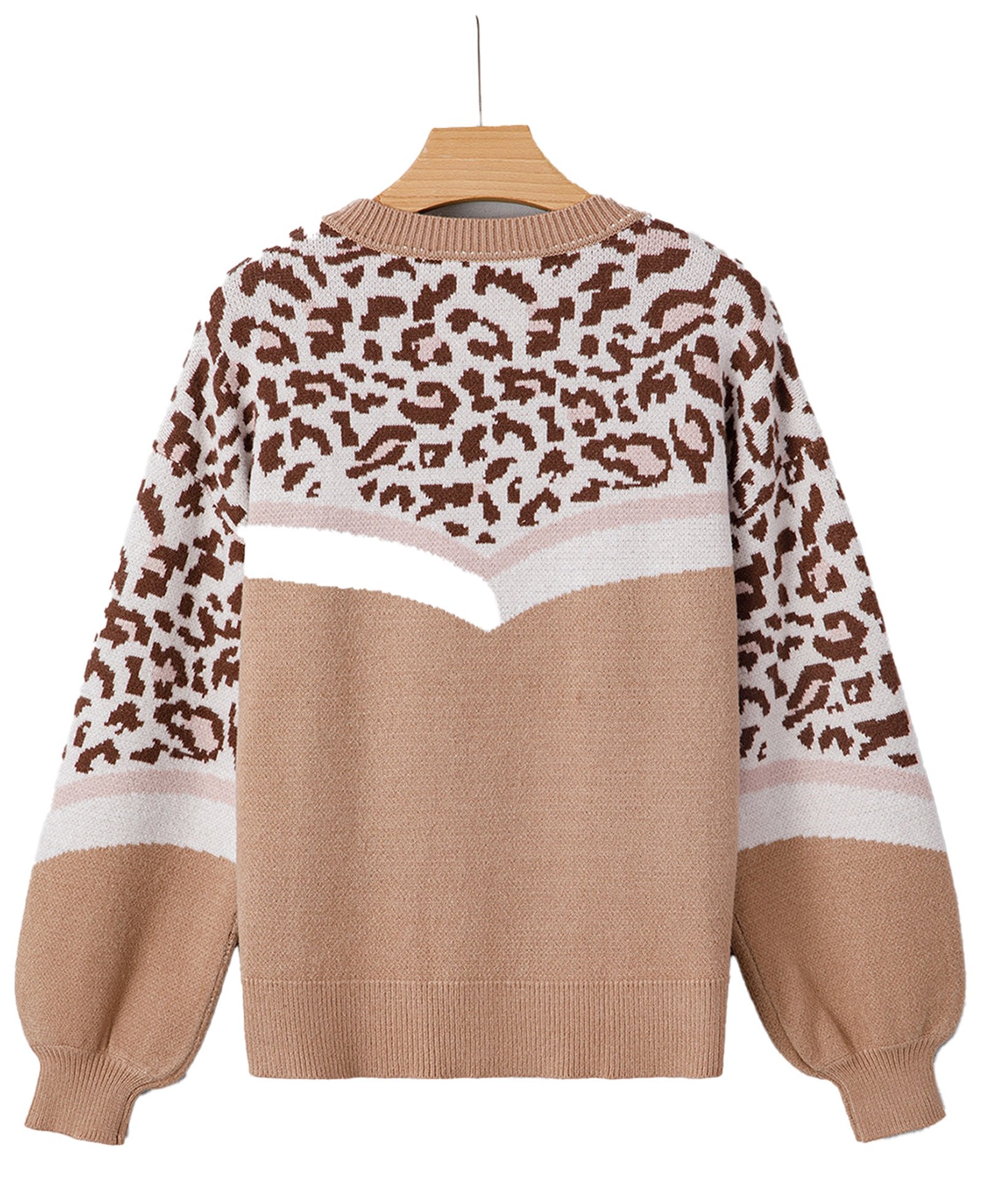 Leopard print color block sweater in beige and brown featuring balloon sleeves and textured design