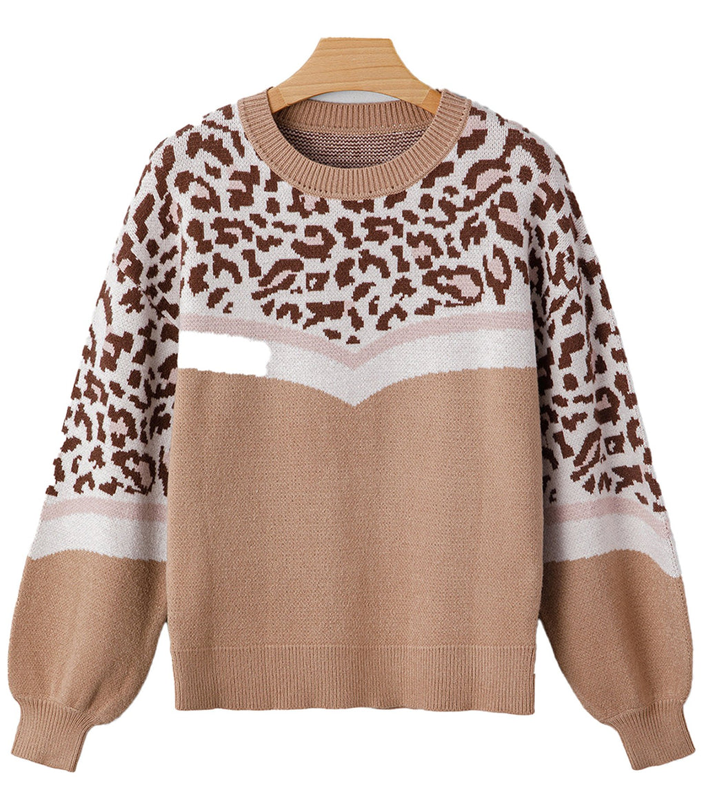 Leopard print color block sweater in soft brown tones with trendy balloon sleeves