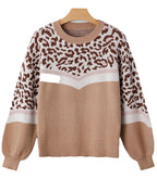 Leopard print color block sweater in soft brown tones with trendy balloon sleeves