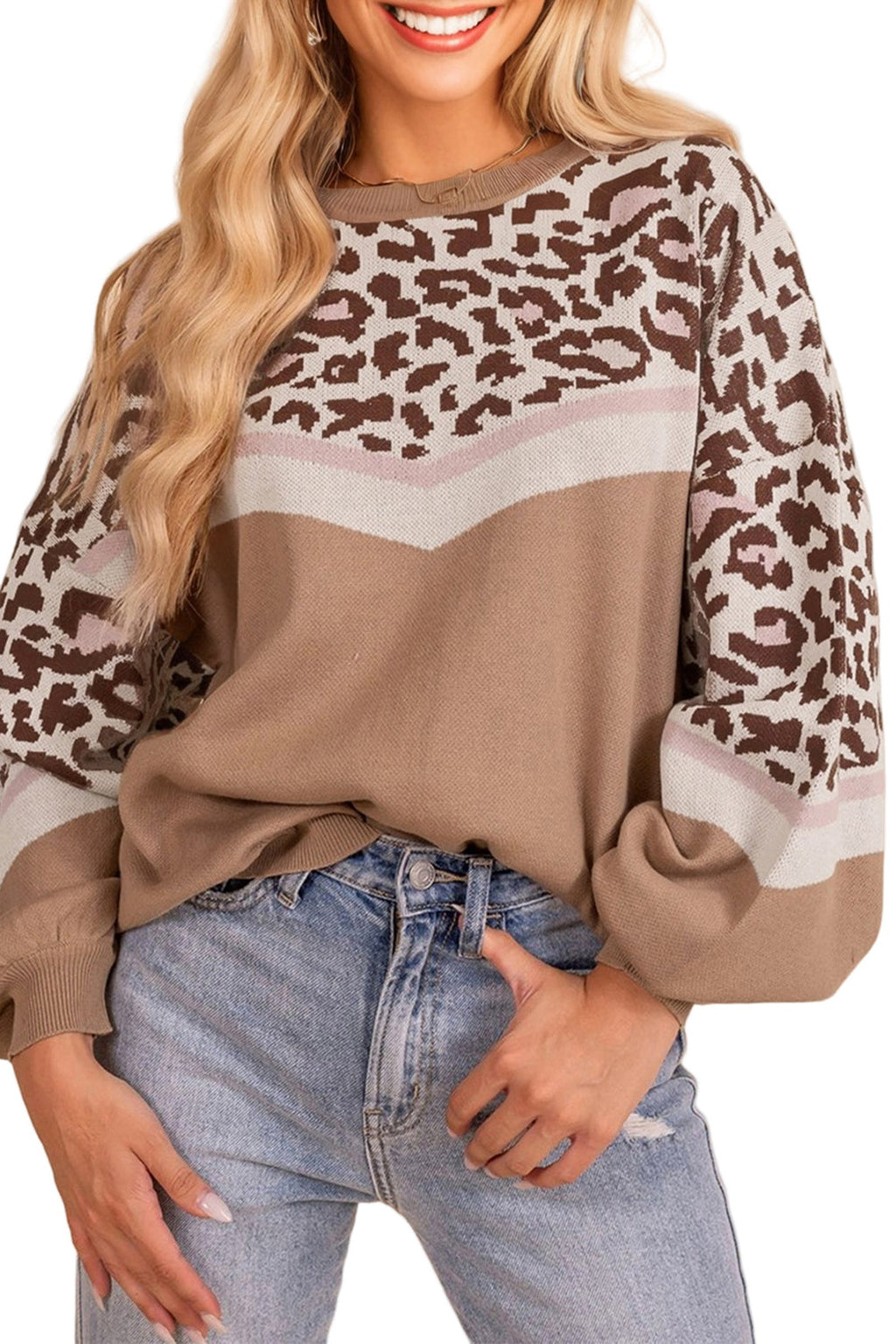 Leopard print color block sweater by LuckeLadybug LLC with stylish design and comfortable fit