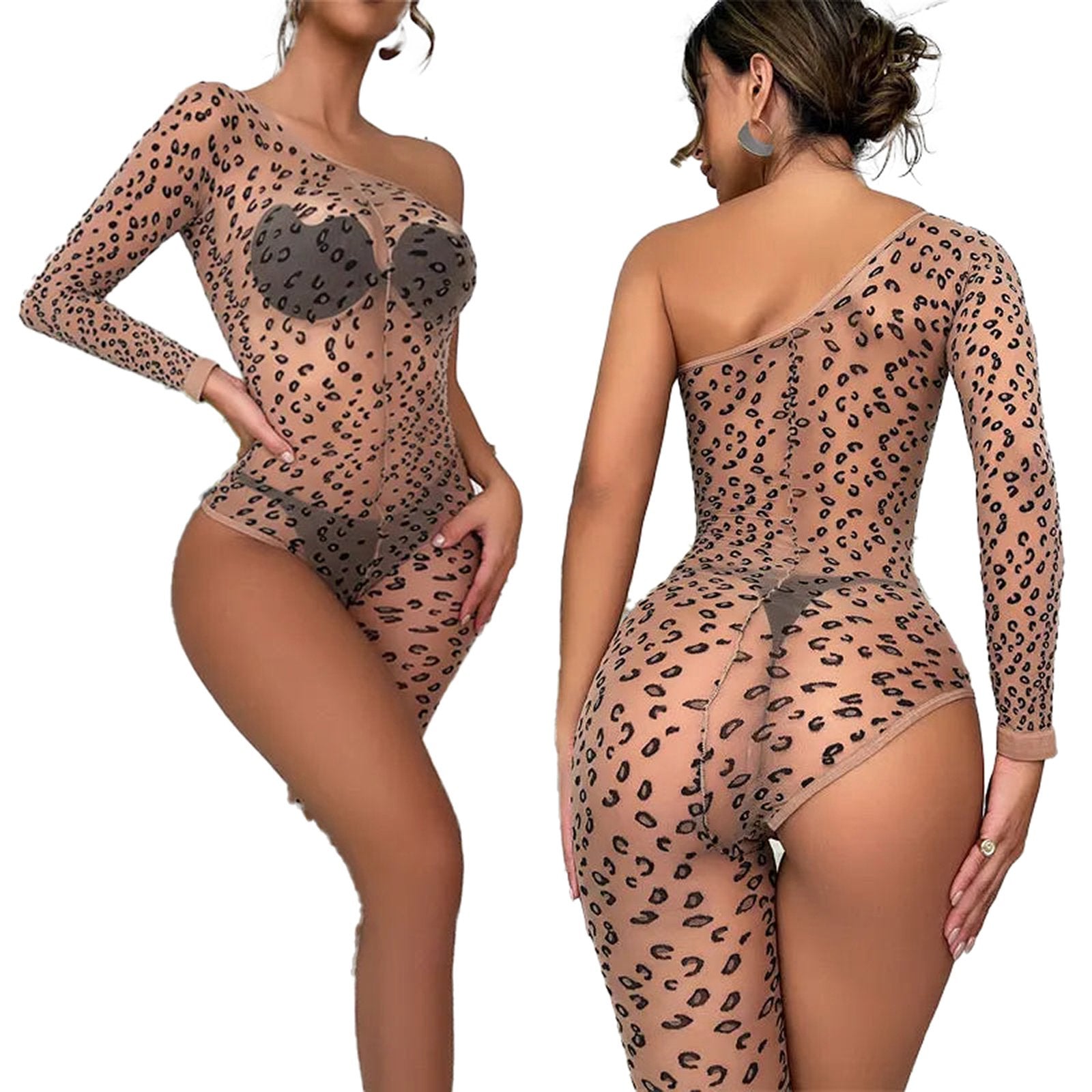 Leopard print fishnet bodysuit lingerie with one sleeve design for a seductive look