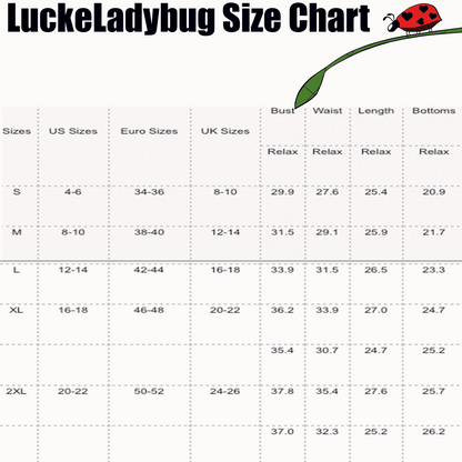 LuckeLadybug size chart for leopard print tankini set showing measurements for bust waist length and bottoms in multiple sizes