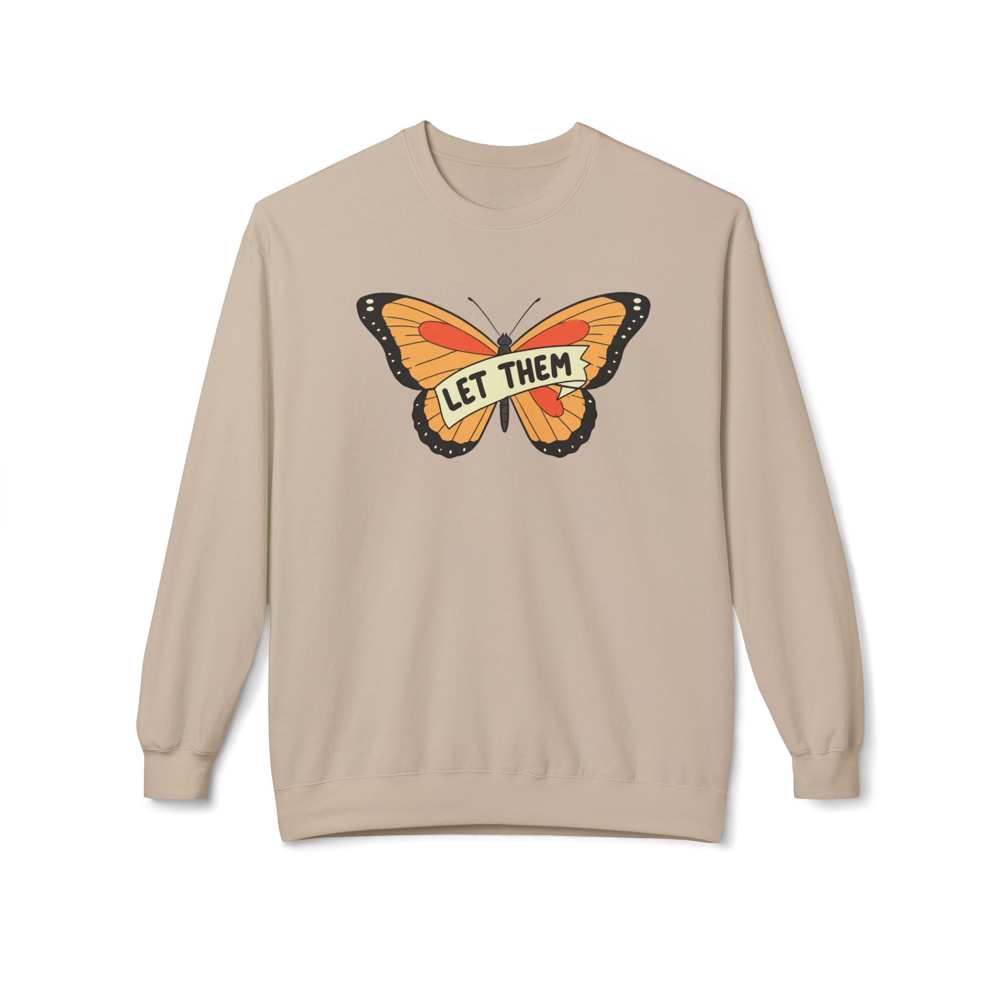 LuckeLadybug let them butterfly sweater beige crewneck with orange butterfly graphic