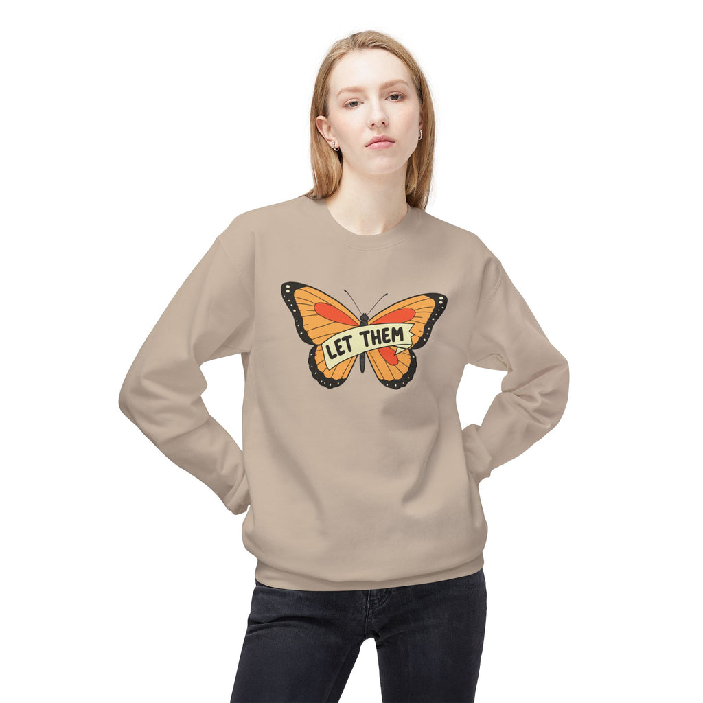 Beige sweatshirt featuring a large orange butterfly and text let them butterfly sweater on front