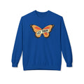 Blue sweatshirt with orange butterfly graphic and let them butterfly sweater text on front