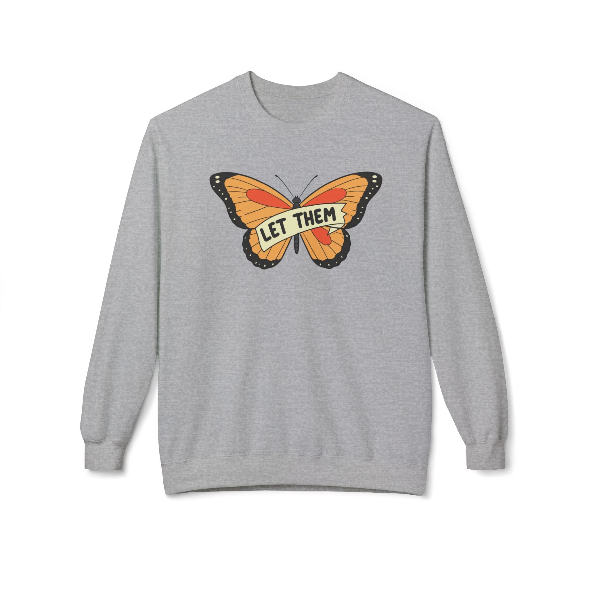 Gray sweatshirt with colorful butterfly and let them butterfly sweater design by LuckeLadybug