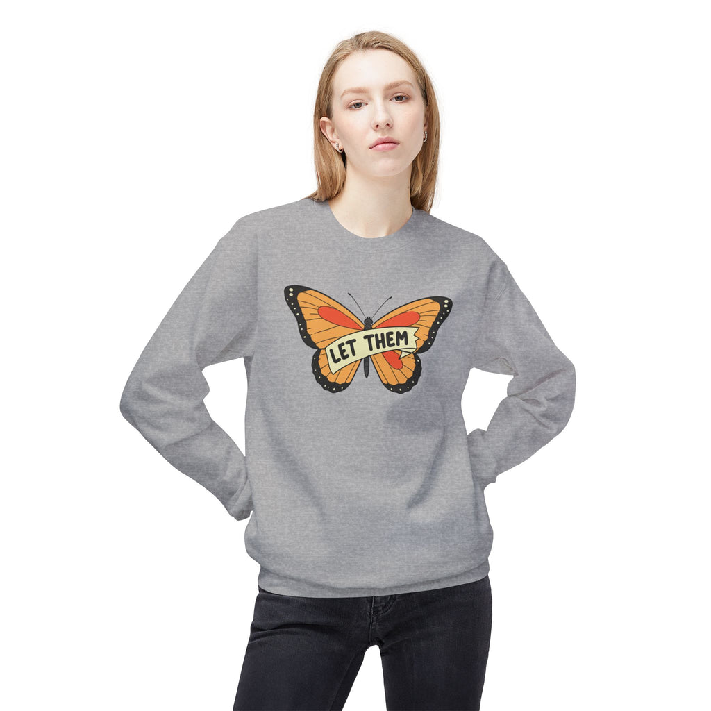LuckeLadybug gray sweatshirt with colorful butterfly and let them butterfly sweater text on front