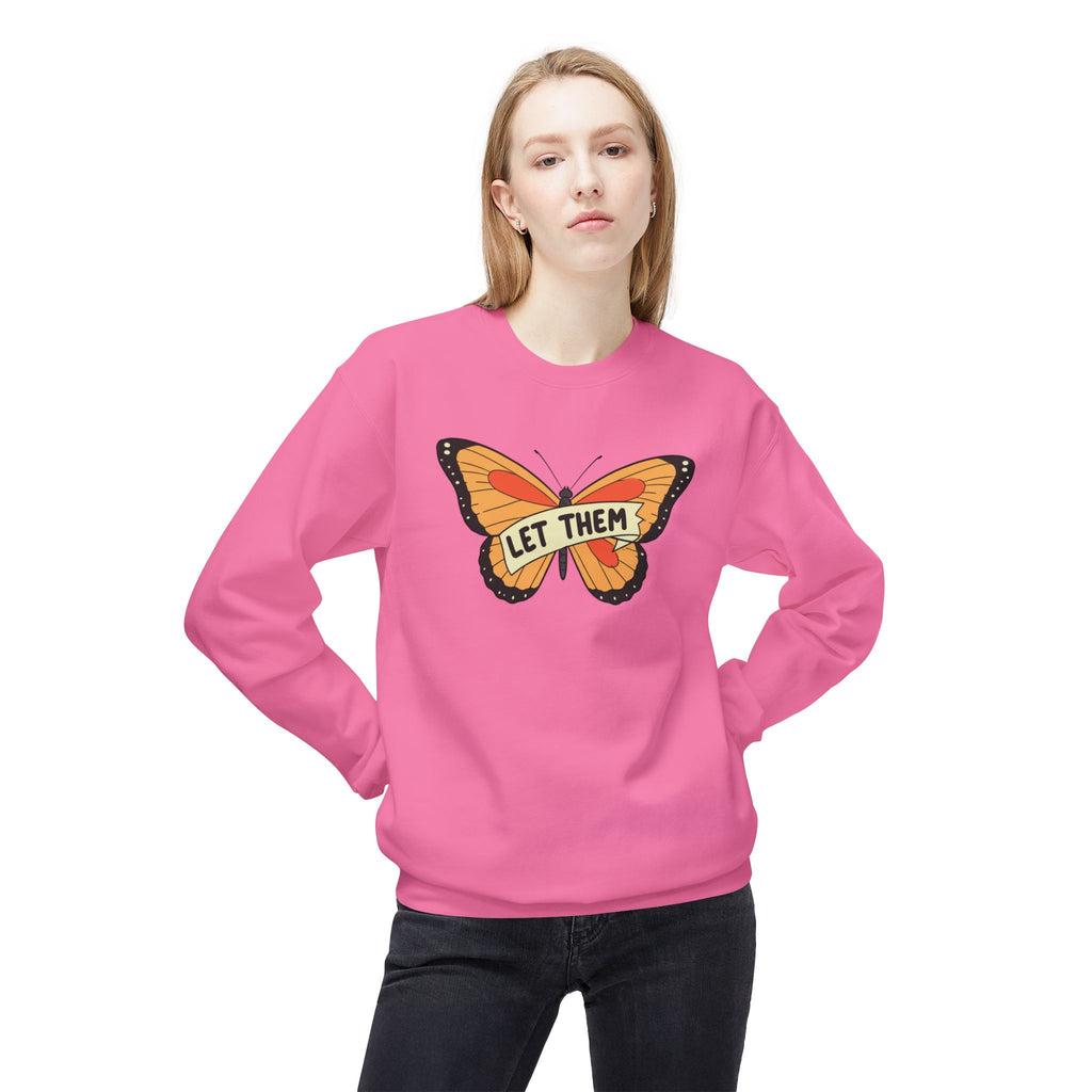 LuckeLadybug pink sweatshirt featuring a large orange butterfly with let them butterfly sweater text