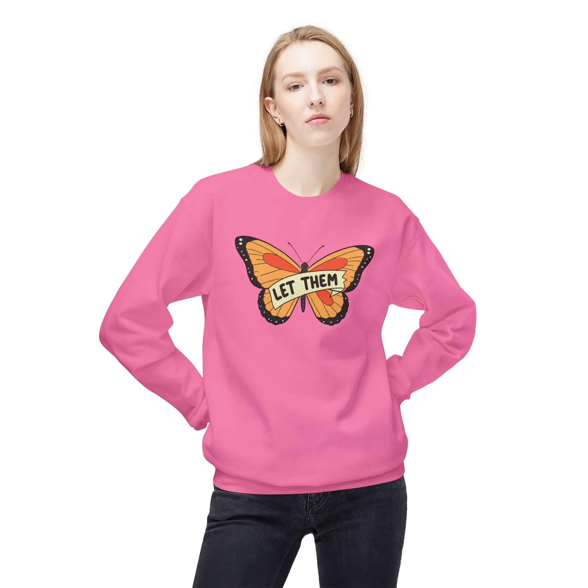 LuckeLadybug pink sweatshirt featuring a large orange butterfly with let them butterfly sweater text