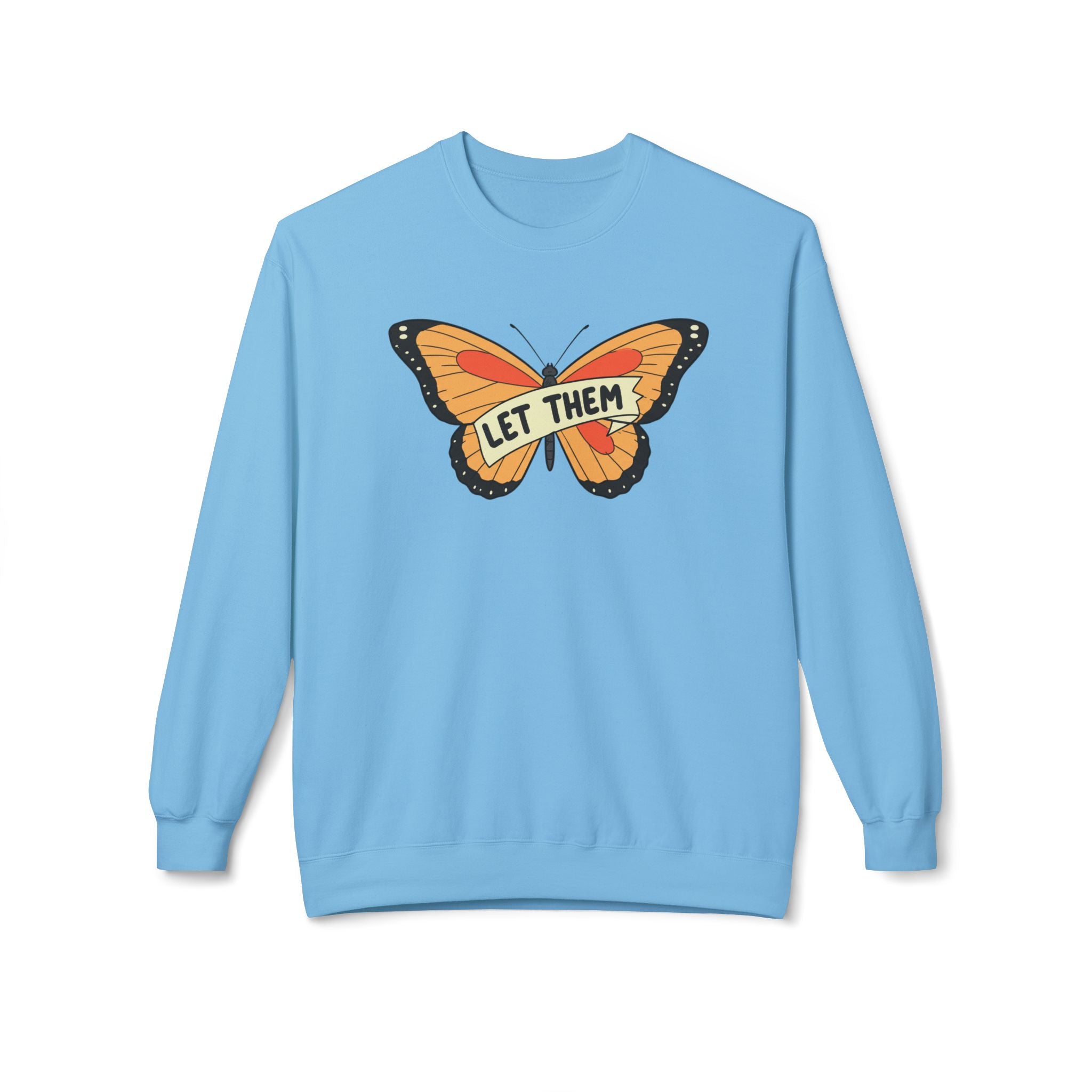Light blue let them butterfly sweater by LuckeLadybug with orange butterfly graphic on front