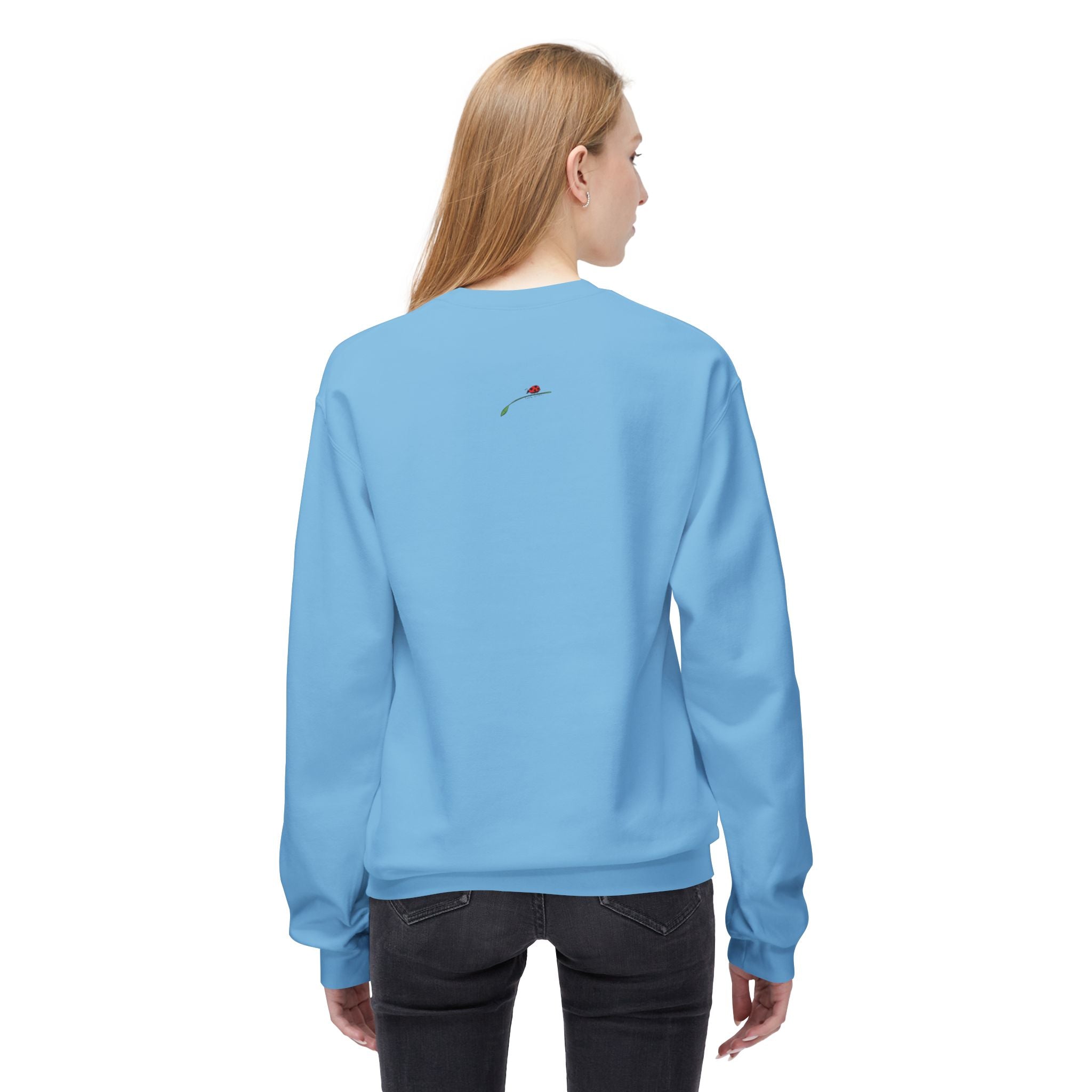 LuckeLadybug let them butterfly sweater in blue shown from the back with small rose detail