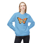 Light blue let them butterfly sweater by LuckeLadybug featuring a large orange butterfly graphic
