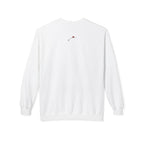 White LuckeLadybug sweatshirt with small red ladybug embroidery on the upper back let them butterfly sweater