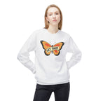 White LuckeLadybug let them butterfly sweater with orange butterfly graphic worn by model