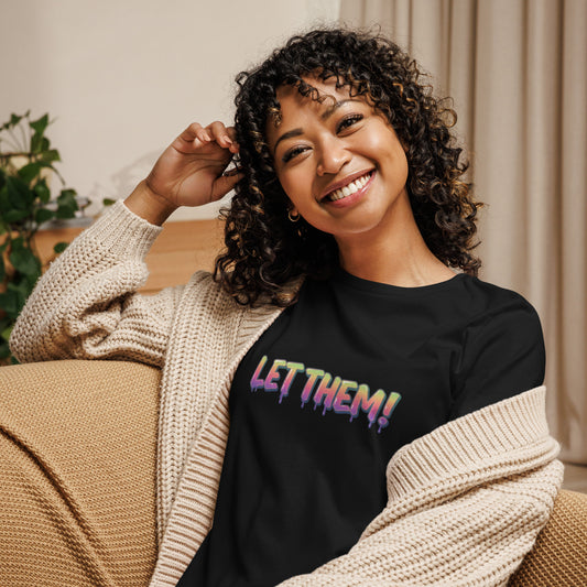 Let them words t-shirt for women by LuckeLadybug with colorful text design on black fabric
