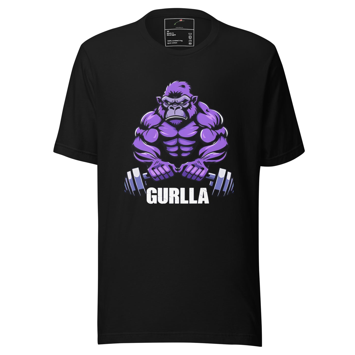 Lift Like a Legend Purple Gorilla Graphic Tee black t-shirt featuring muscular purple gorilla lifting weights