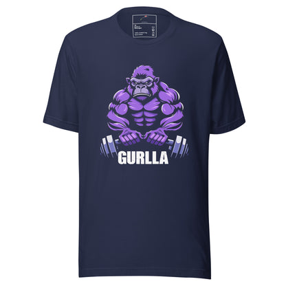 LuckeLadybug Lift Like a Legend Purple Gorilla Graphic Tee with muscular gorilla holding a barbell in purple on navy blue