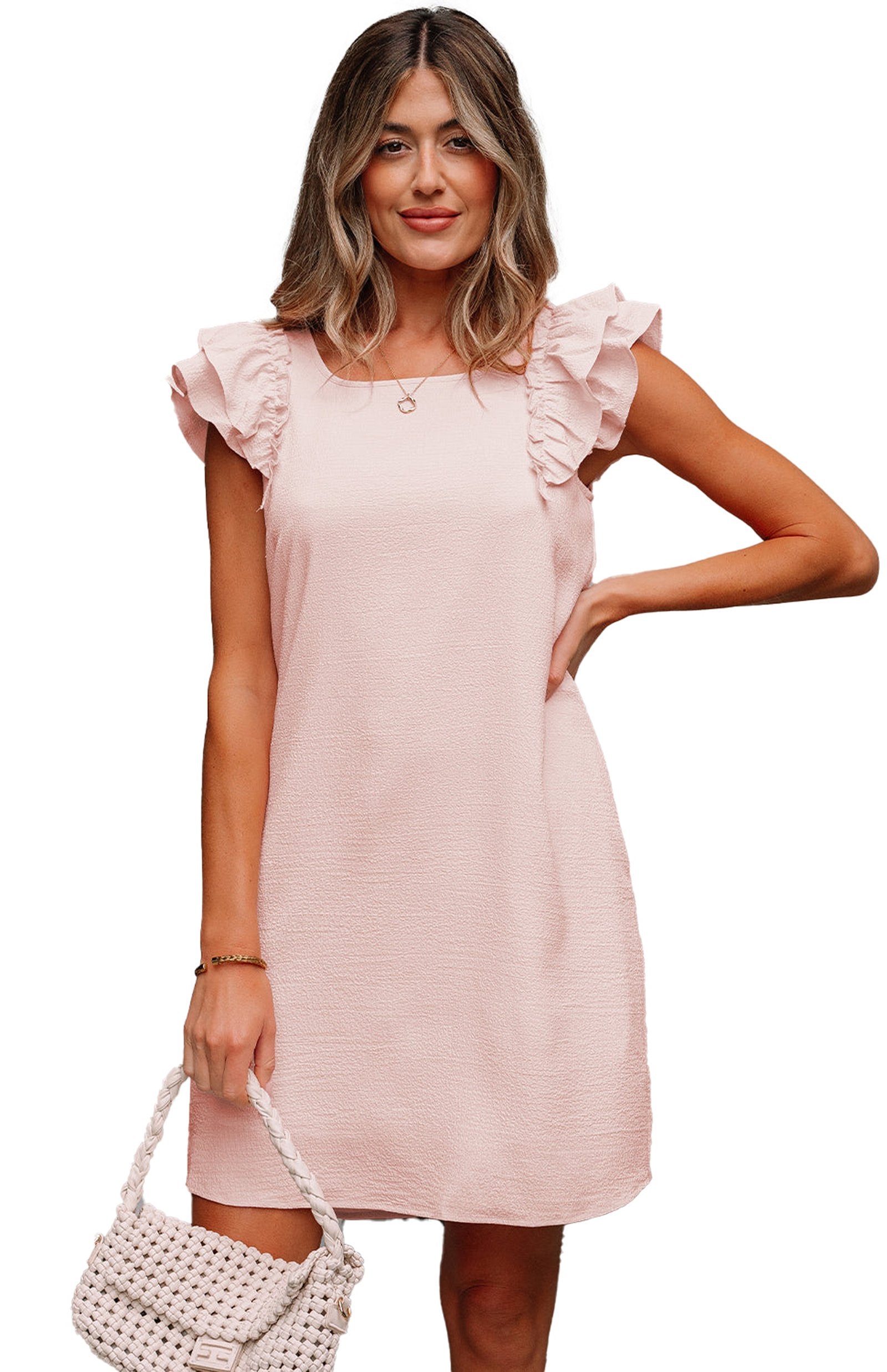 Light pink flutter sleeve mini dress by LuckeLadybug perfect for warm weather occasions