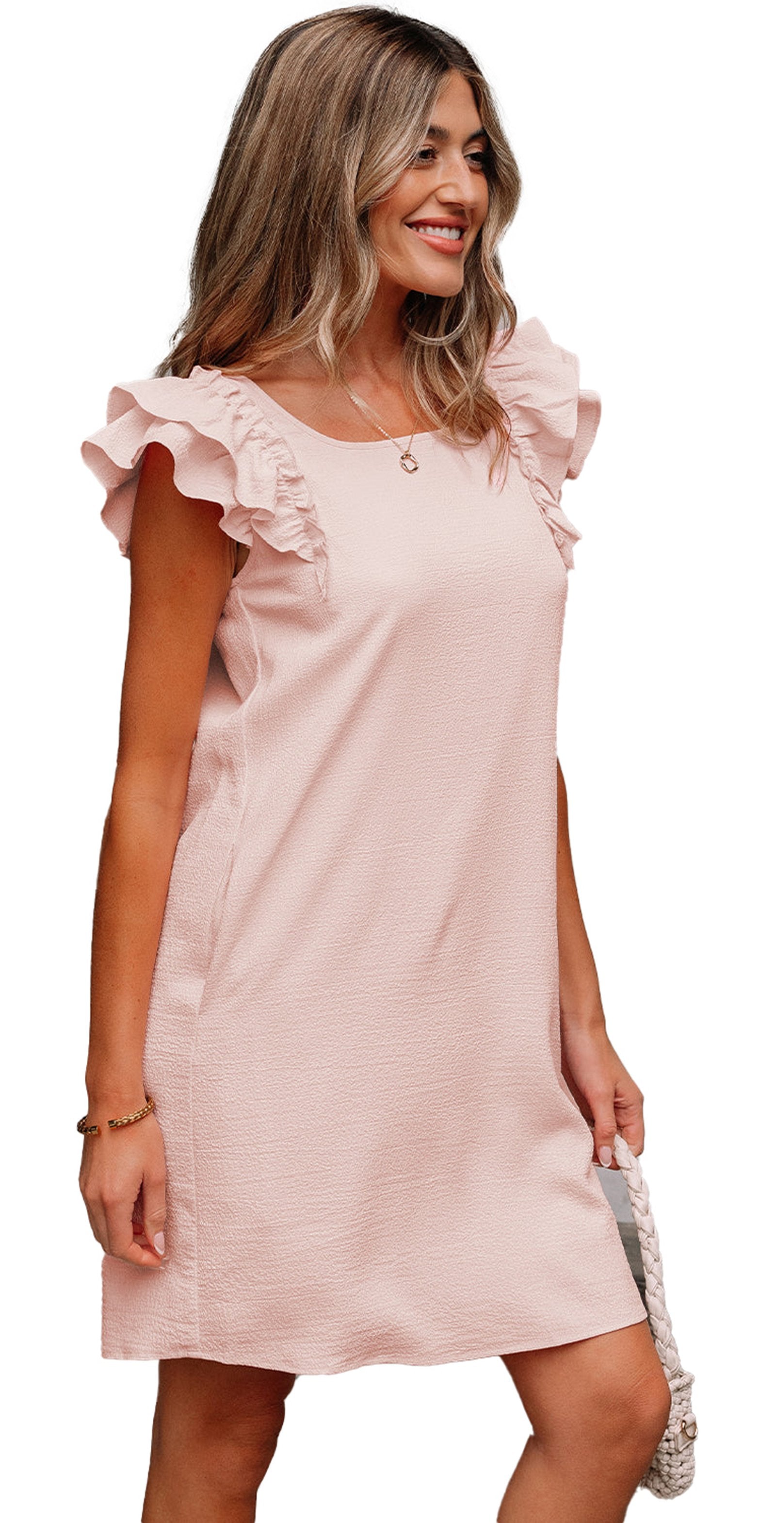 Light pink flutter sleeve mini dress with stylish ruffle details, perfect for casual outings.