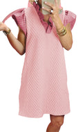 Light pink puff sleeve mini dress with a textured design and ruffled neckline for stylish summer wear