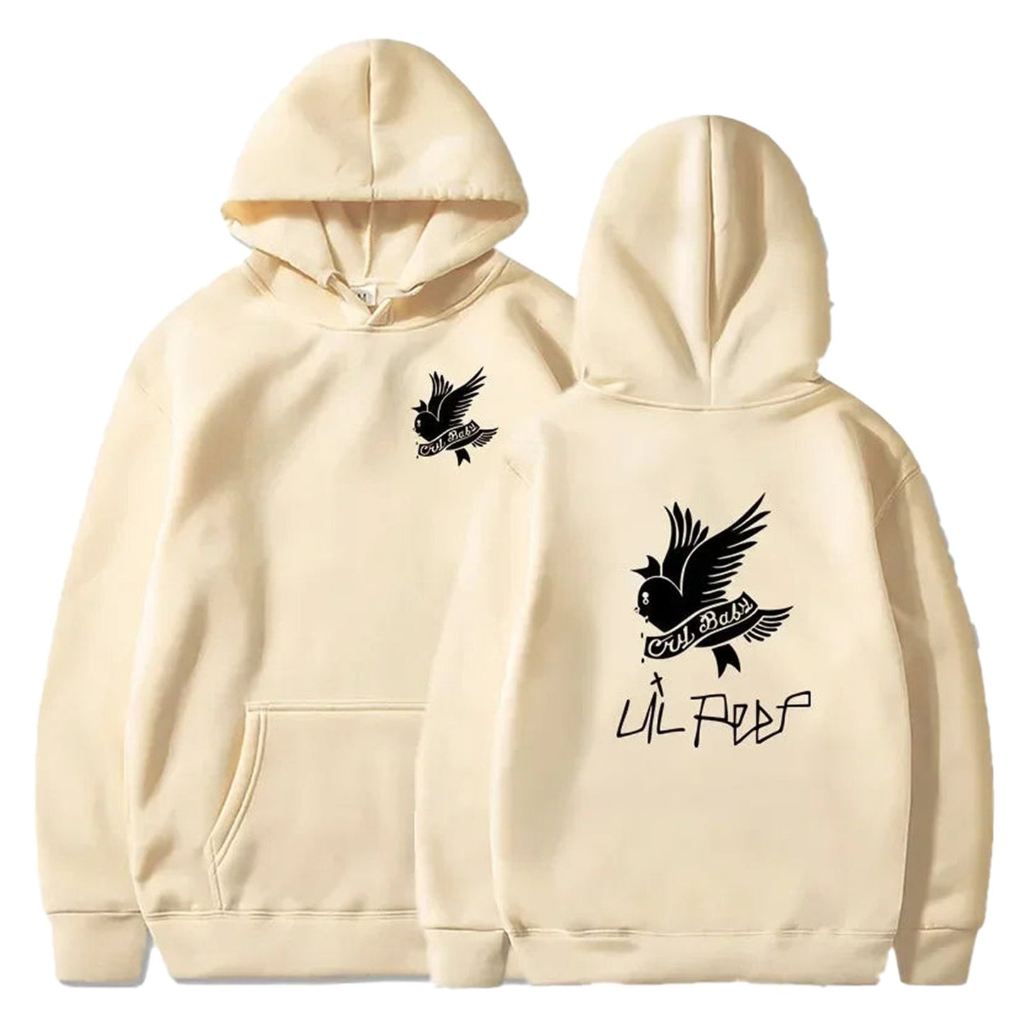 Beige Lil Peep hoodie for men and women with unique bird design on front and back