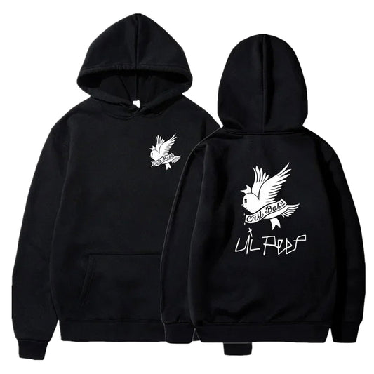 Lil Peep hoodie for men and women featuring a bird graphic on black fabric