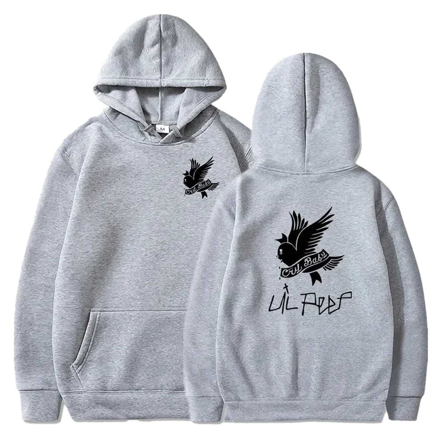 Gray Lil Peep hoodie for men and women featuring a bird design on the back with text