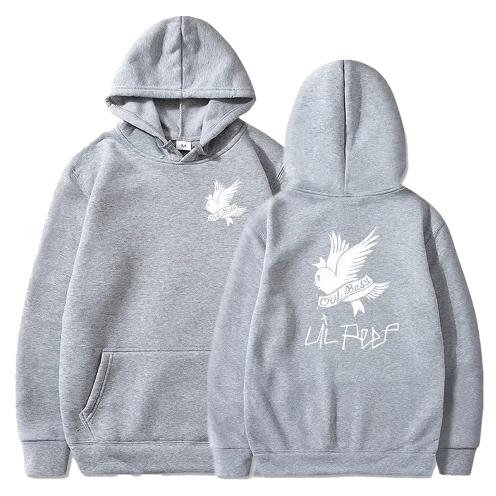 Gray Lil Peep hoodie for men and women featuring a bird graphic and front pocket