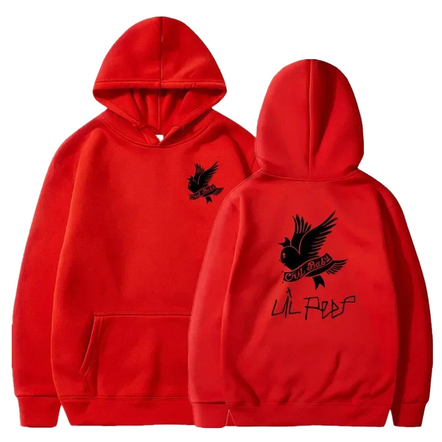 Red Lil Peep hoodie for men and women featuring a stylish bird graphic on the front and back