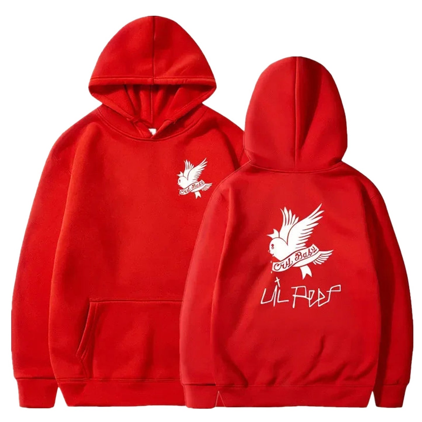 Red Lil Peep hoodie for men and women featuring a bird graphic on the front and back