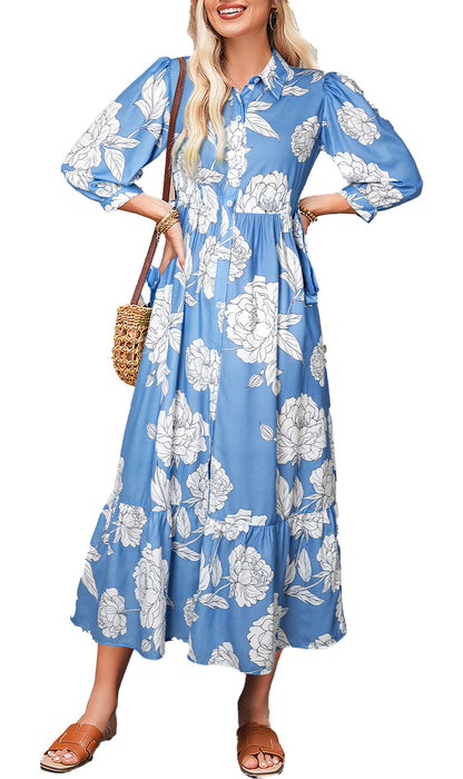 Model wearing LuckeLadybug sky blue floral maxi dress with white peony print three quarter sleeves tiered hem and straw bag