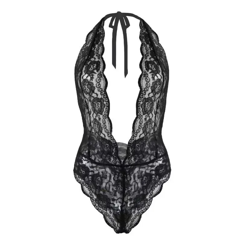 LuckeLadybug LLC Black Lace Bodysuit Lingerie with Deep V-Neck and Halter Tie Design
