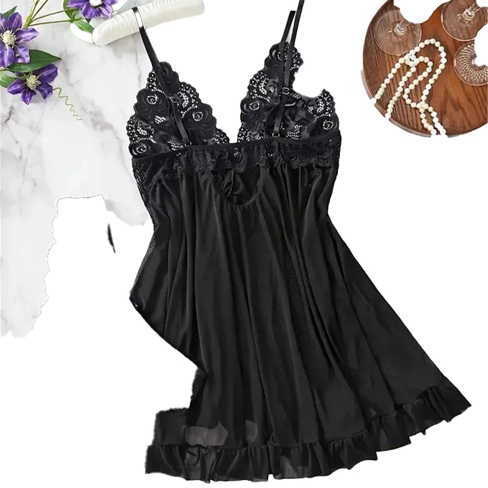 Black babydoll from LuckeLadybug LLC featuring lace details, part of the red lace lingerie set