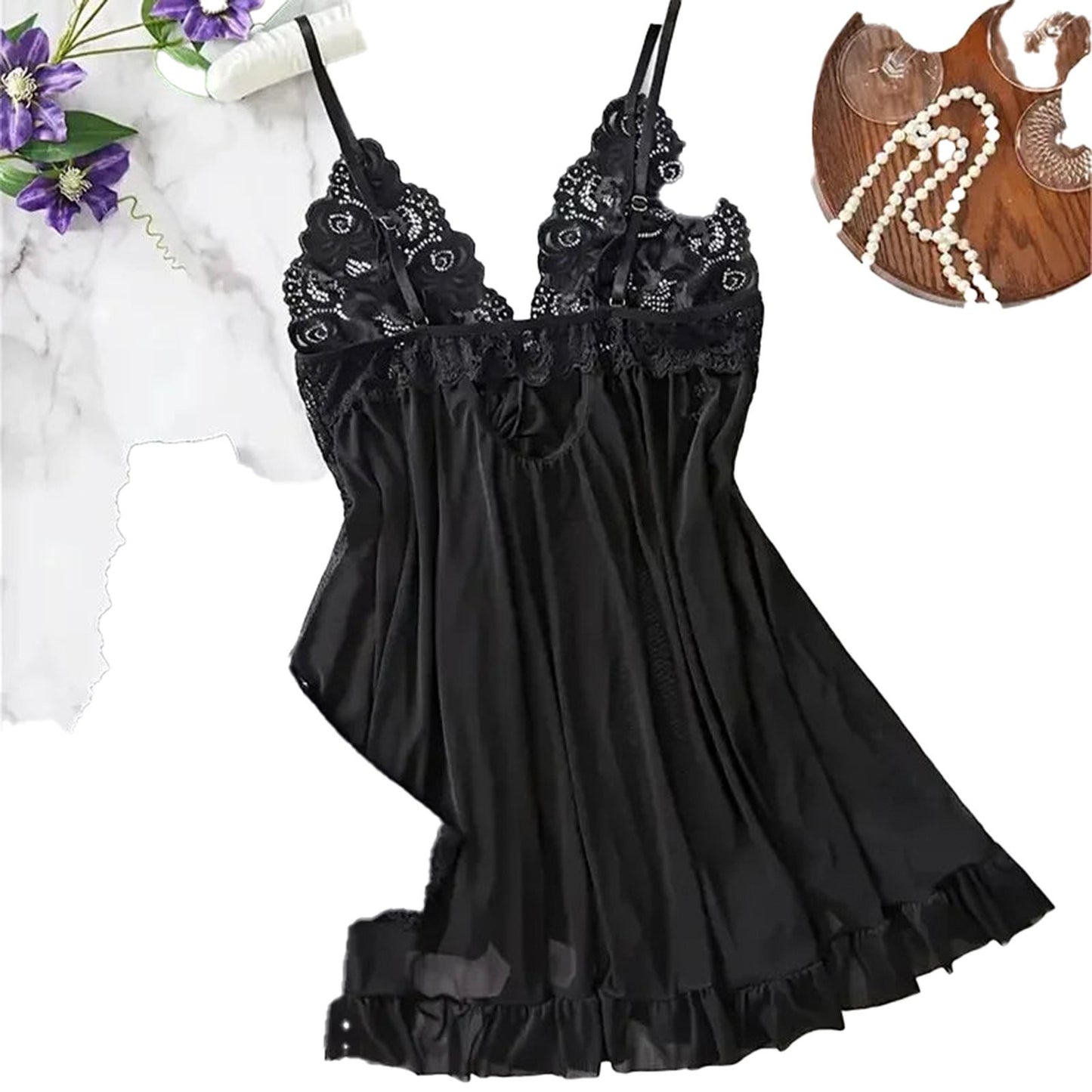 Luxurious black babydoll with lace accents, perfect for pairing with a red lace lingerie set
