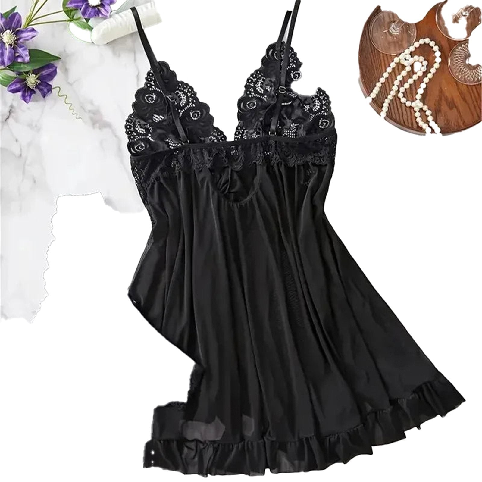 Luxurious black babydoll with lace accents, perfect for pairing with a red lace lingerie set