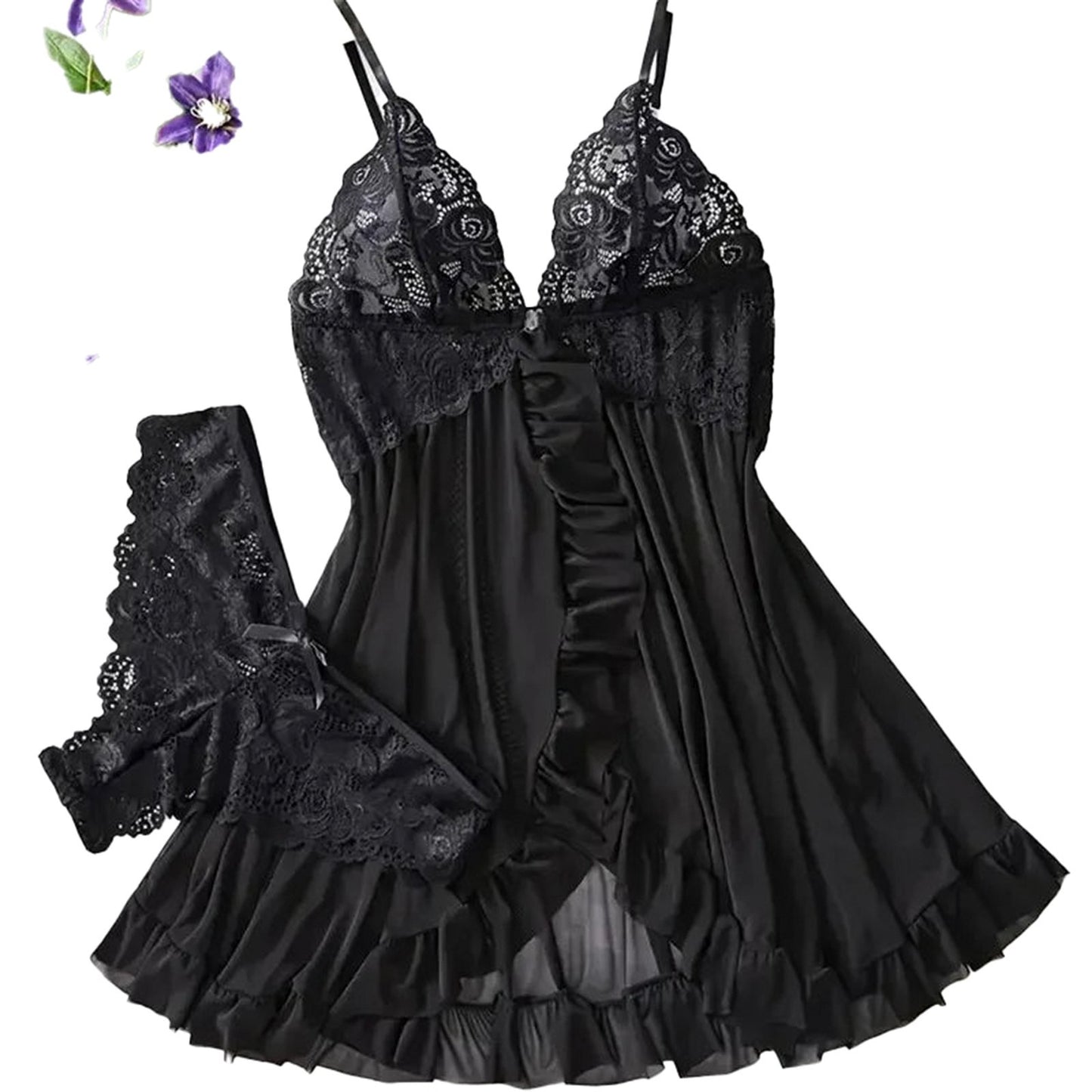 Elegant black babydoll with lace details, paired with matching thong, perfect for showcasing a red lace lingerie set