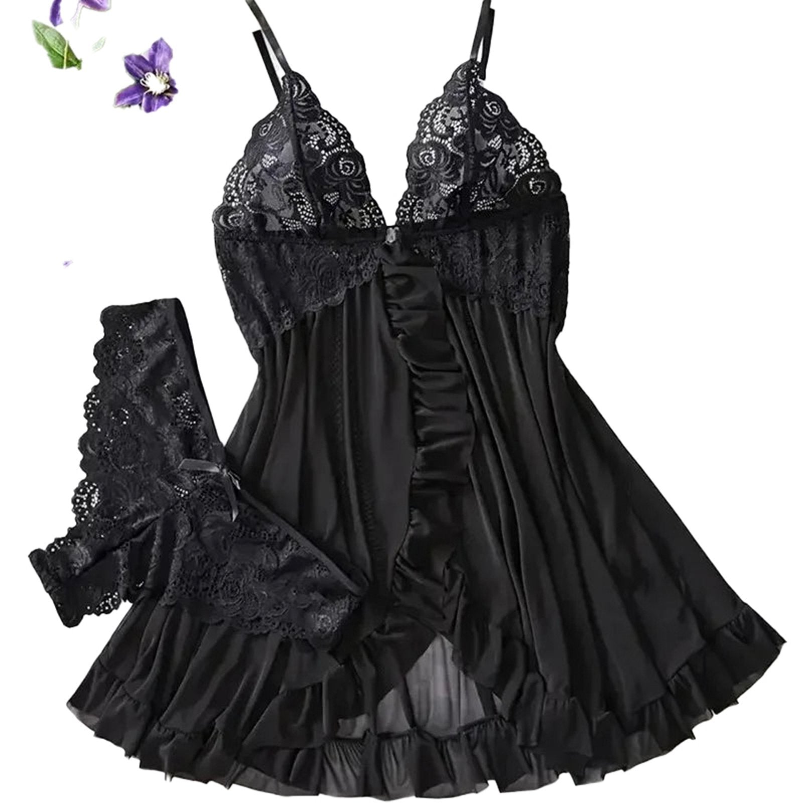 Elegant black babydoll with lace details, paired with matching thong, perfect for showcasing a red lace lingerie set