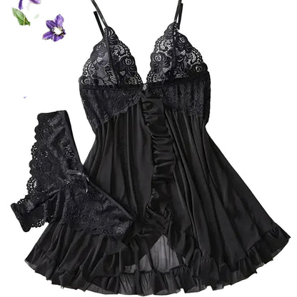 Elegant black babydoll with lace details, paired with matching thong, perfect for showcasing a red lace lingerie set