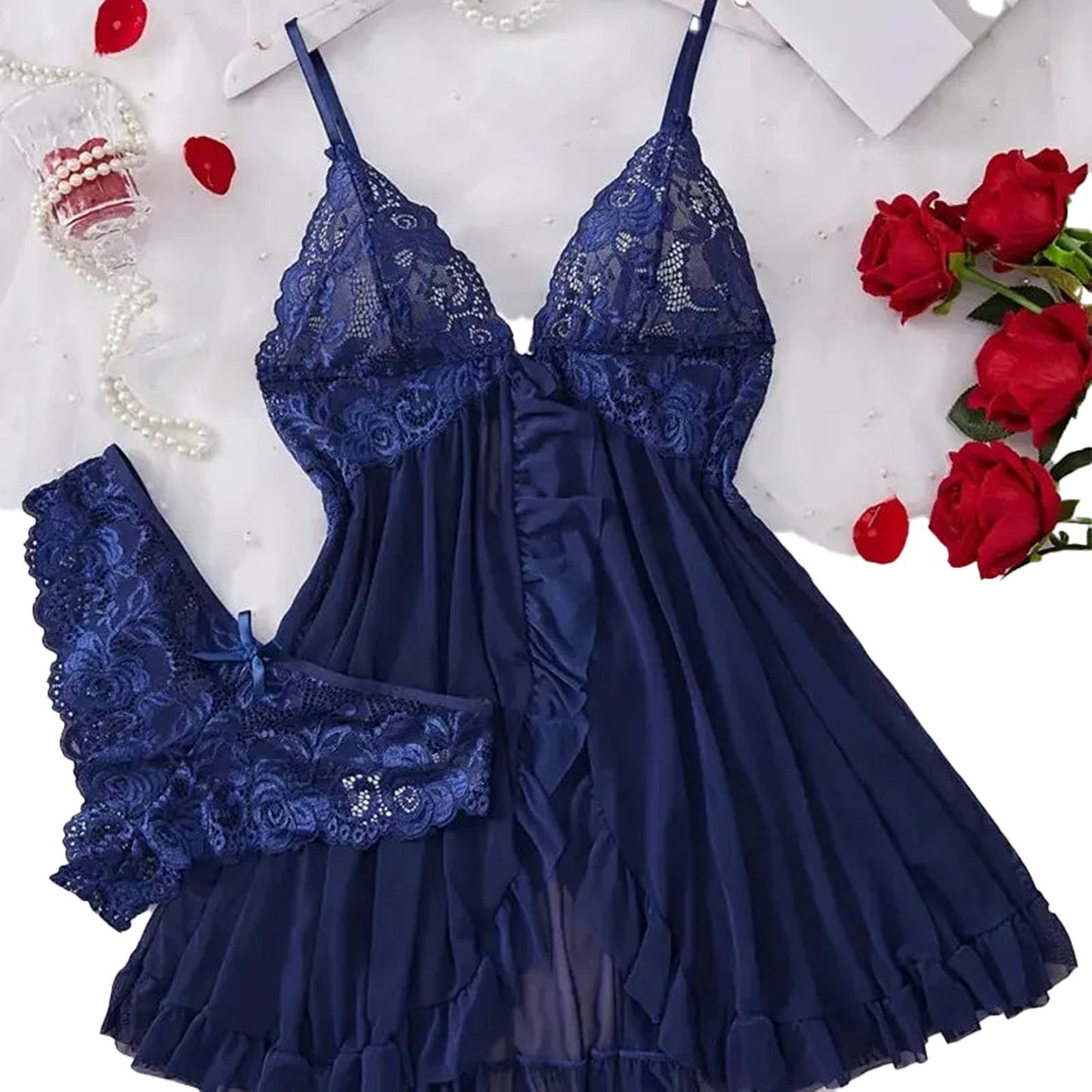 Luxurious navy babydoll lingerie set with intricate lace and matching thong for a romantic night