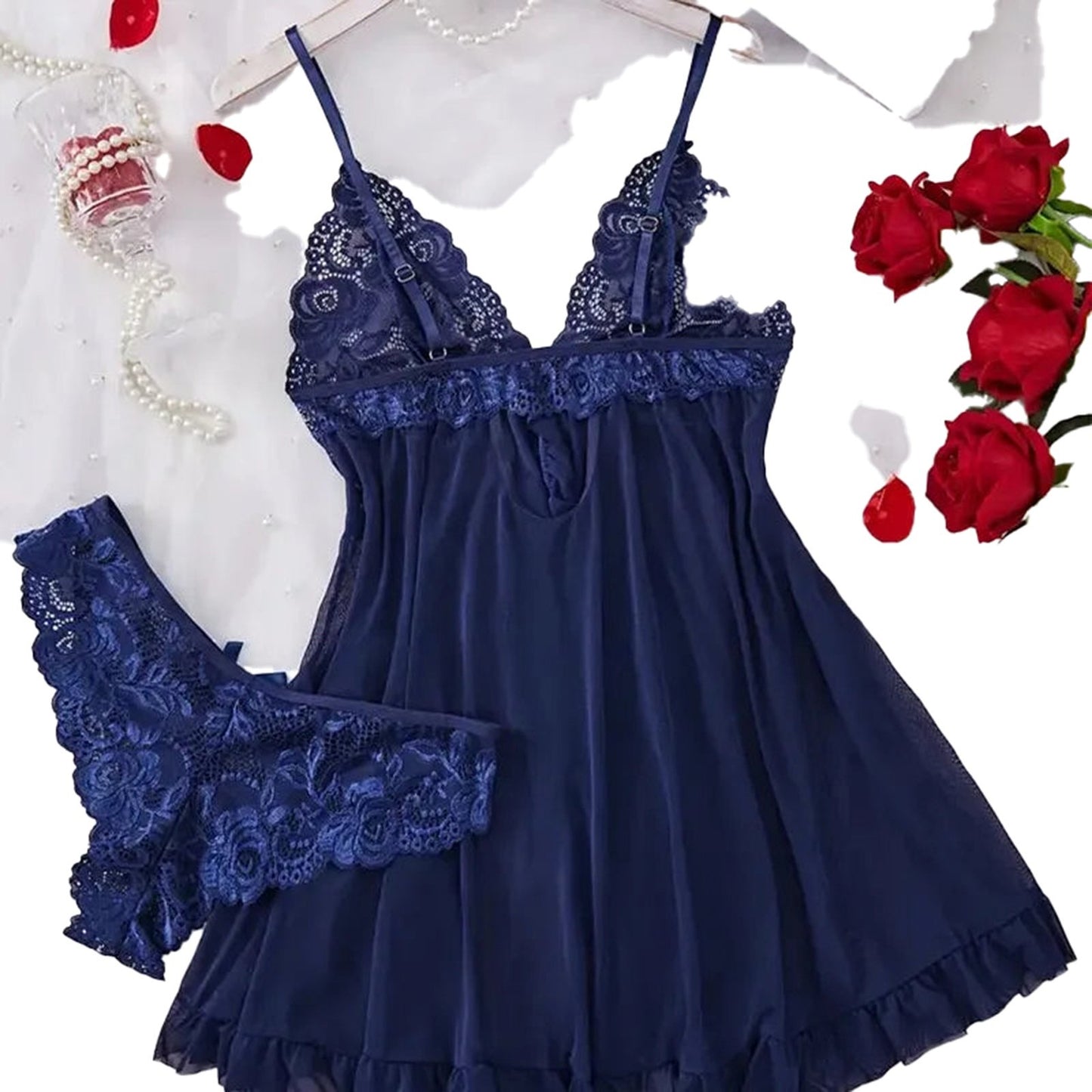 Navy blue babydoll lingerie featuring lace details and a matching thong, perfect for sensual occasions