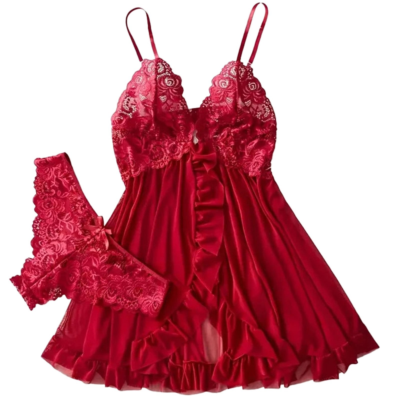 Red lace lingerie set featuring a delicate babydoll with matching panties for a romantic look