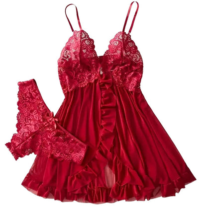 Red lace lingerie set featuring a delicate babydoll with matching panties for a romantic look